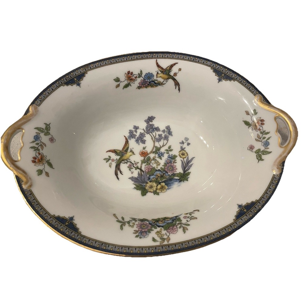 Noritake Modesta Handled Serving Bowl 10.5" Floral Bird Gold‎ Trim Vintage